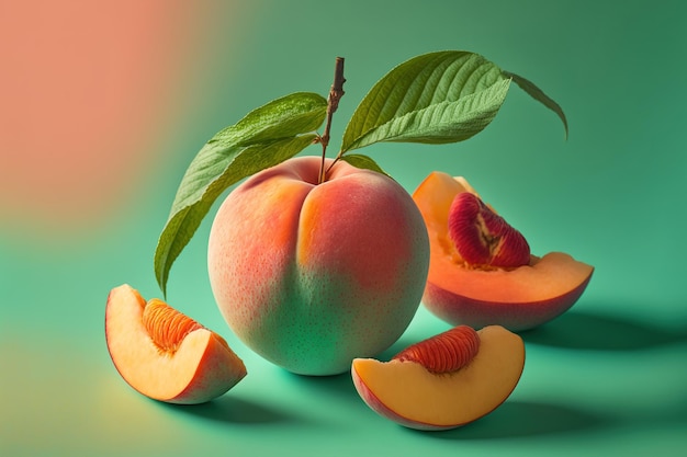 Fresh peach fruit in vibrant colors on a pastel green background