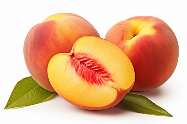 Fresh peach fruits in whole and cut half isolated on white background with clipping path