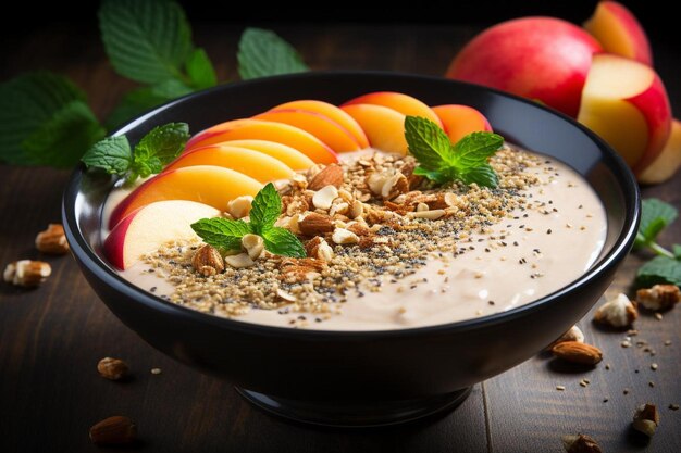 Photo fresh peach smoothie bowl with nutritious toppings peach picture photography