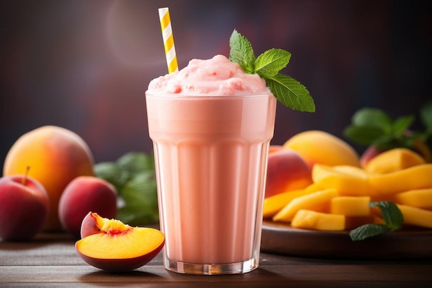 Photo fresh peach smoothie with colorful straws peach picture photography