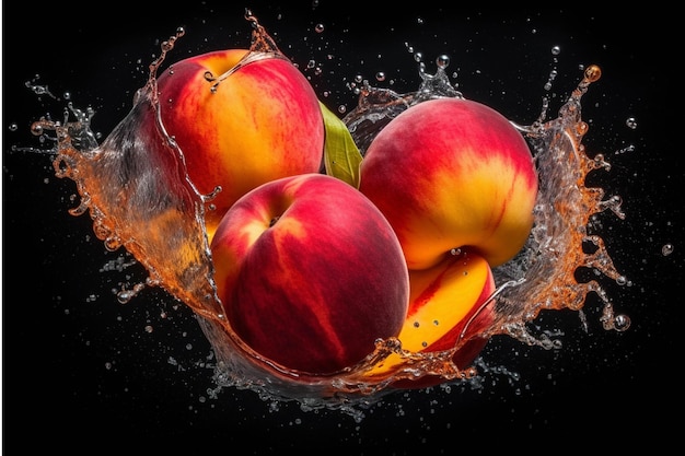 Fresh peach in water splash isolated on black background Juicy fruit