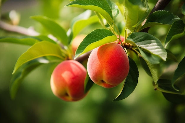 Fresh peaches close up on tree branches Delicious and healthy organic nutrition Generative AI