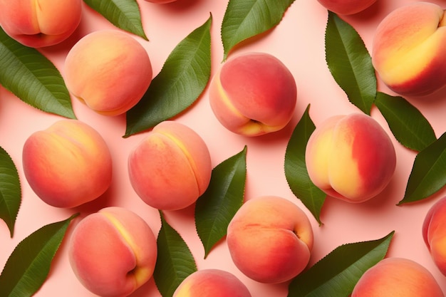 Fresh peaches with leaves on pink background Flat lay top view ar 32 v 52 Job ID 3dfa0fa289f748528f536a909d4b146f