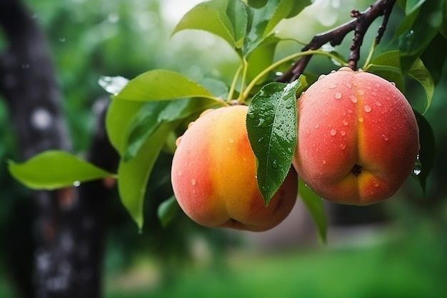 雨の滴がついた新鮮な桃 夏に木に生える天然の果物