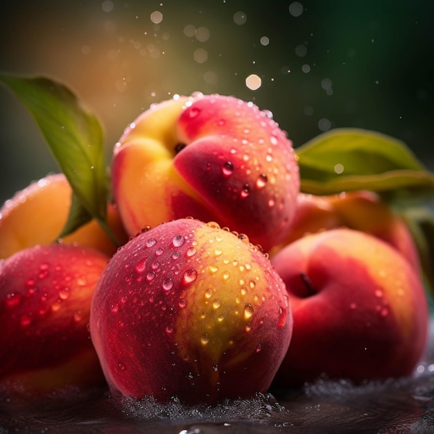 Fresh peaches with water drops on dark background