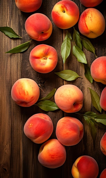 Fresh Peachs on wooden background