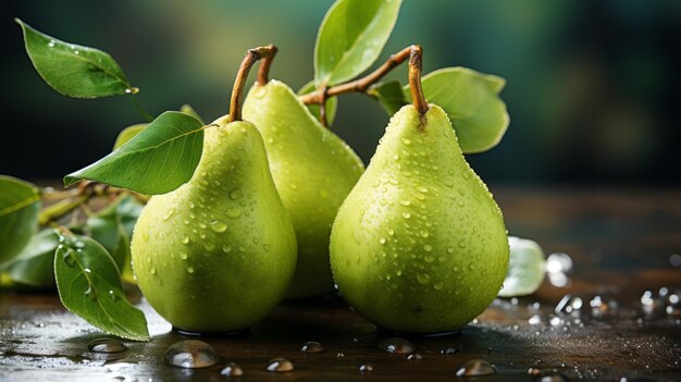 Fresh pear fruit with water droplets on branch in soft dreamy bright atmosphere Natural fruit