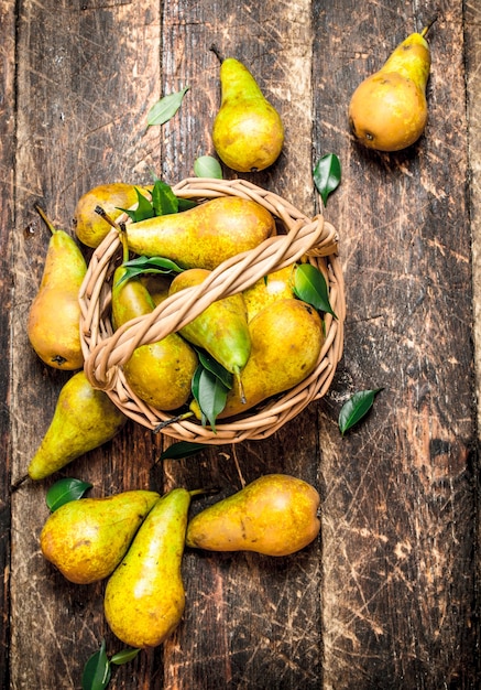 Fresh pears in the basket.