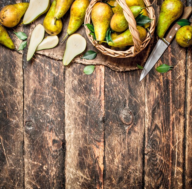 Fresh pears in the basket.