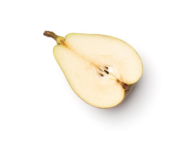 Fresh pears cut in half isolated on white background Directly above