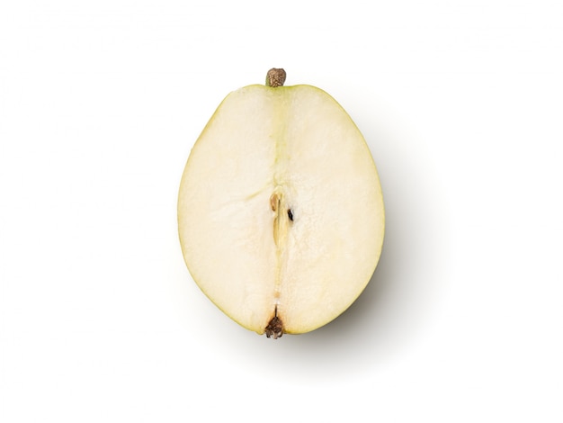 Fresh pears cut in half isolated on white