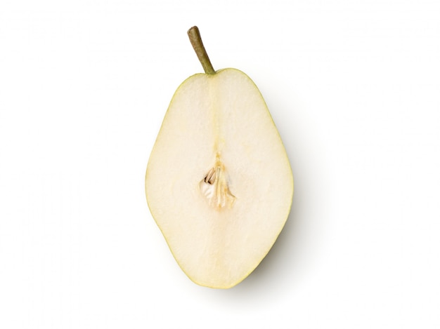 Fresh pears cut in half isolated on white