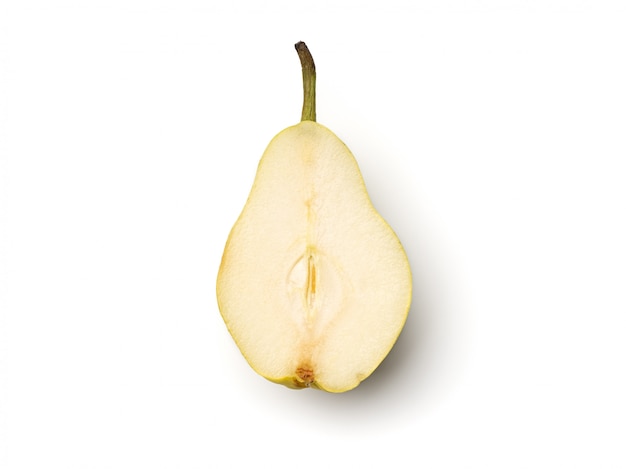 Fresh pears cut in half isolated on white