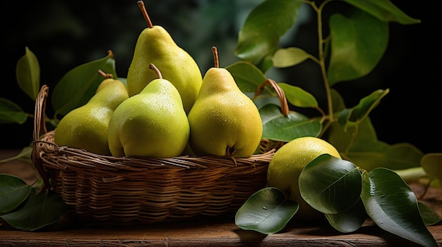 Fresh pears fruit with leaves