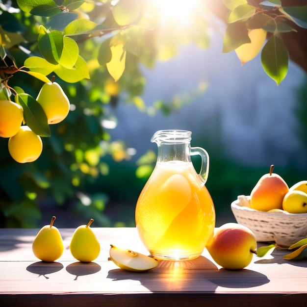 Fresh pears and juice in a glass on a white table