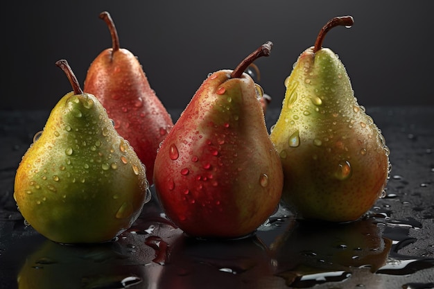 Fresh pears with water drops isolated on a dark background Generative AI technology