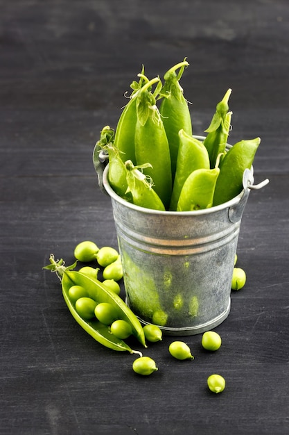 Fresh peas in a metal bucket