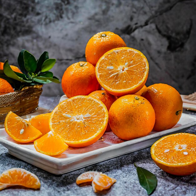 Photo fresh and peeled oranges on table