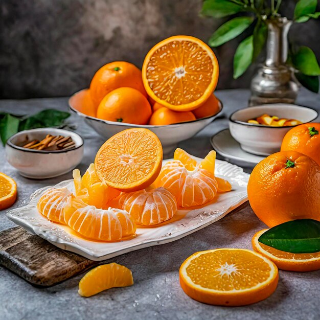 Photo fresh and peeled oranges on table