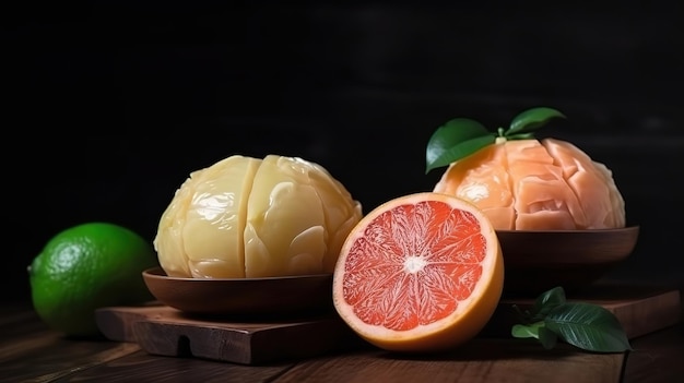 Photo fresh peeled pomelo grapefruit shaddock with green leaves on dark wooden plank tablegenerative ai