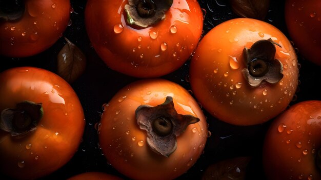 Photo fresh persimmon with water splashes and drops on black background