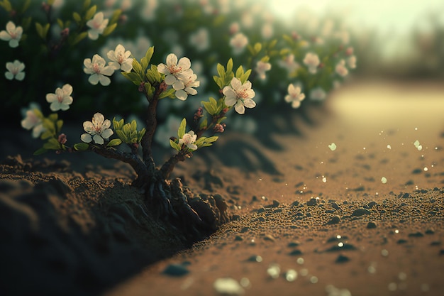 A fresh perspective on spring cherry blossoms in bloom with new life sprouting on the ground,