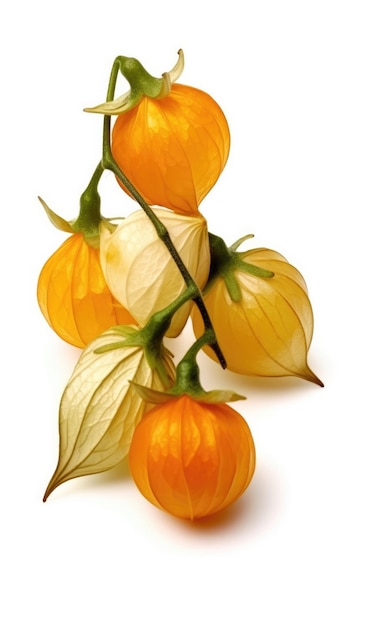 격리된 흰색 배경 스튜디오 샷에서 날아다니는 신선한 Physalis 지상 체리 과일