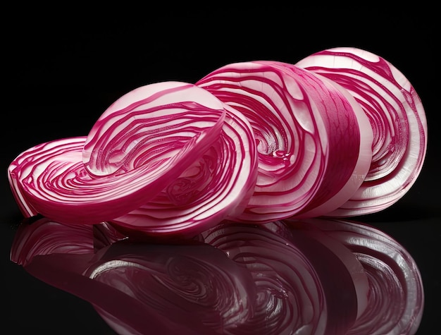 fresh pickled chivory onions sliced and rolled in the style of dark pink