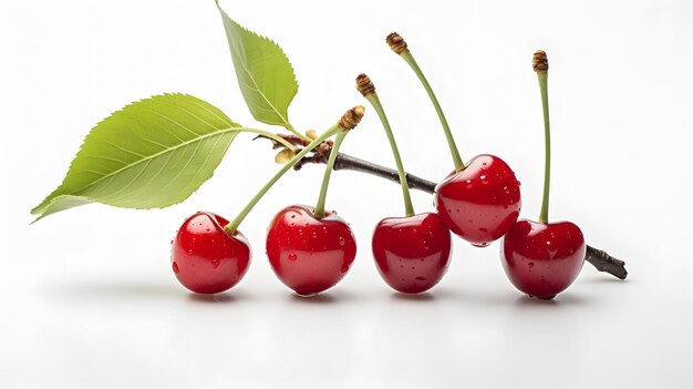 fresh pile of cherries on a branch with leaves on a white background