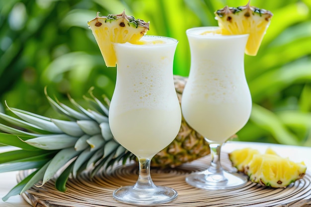 Fresh pina colada cocktails adorned with pineapple slices