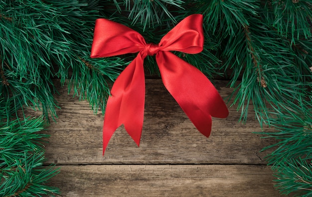 Photo fresh pine branches and red satin bow