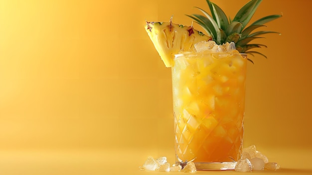 Fresh pineapple alcoholic cocktail against a yellow backdrop with a big space for text or product Generative AI