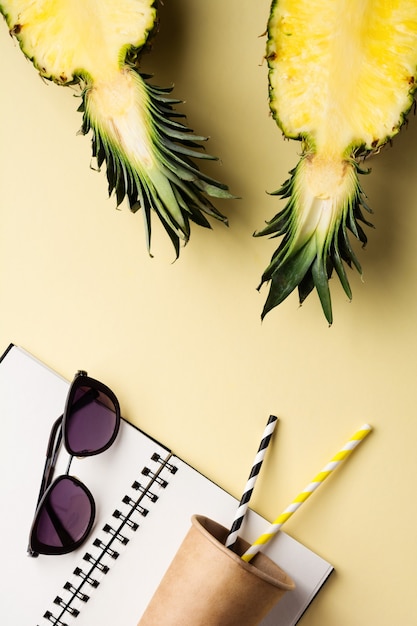 Fresh pineapple cut creative flat lay