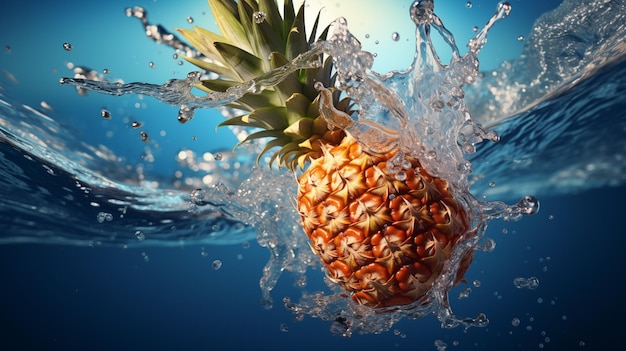 Fresh pineapple falls under blue water with splashes and air bubbles