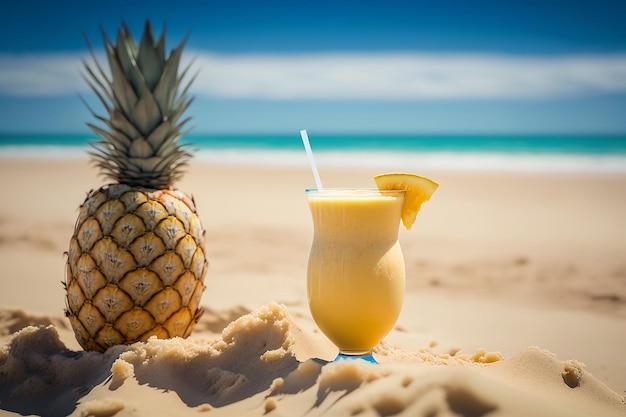 Fresh pineapple juice and pineapple on a beautiful sandy beach