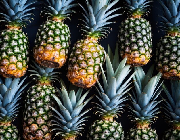 Fresh pineapples with vibrant green leaves on a dark background top view Healthy tropical fruit conc