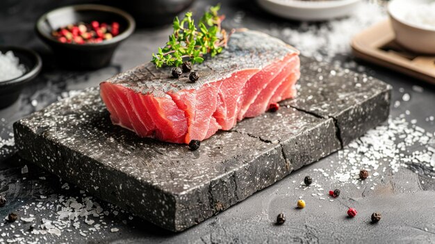 Fresh pink ahi bluefin tuna fillet on a stone cutting board