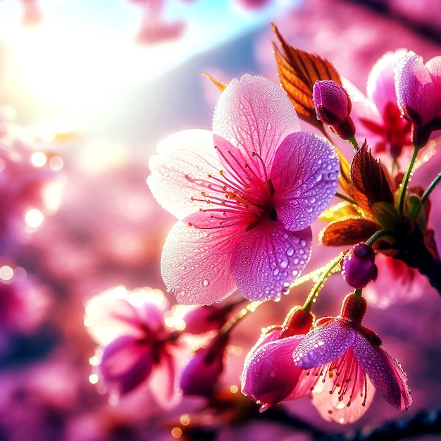 Fresh pink blossoms adorn the budding cherry tree