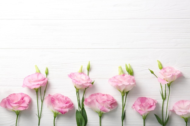 Fresh pink flowers frame on wooden background