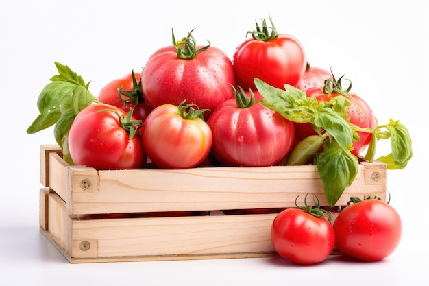 Fresh, pink and red tomatoes on white, different backgrounds and in a wooden crate. AI generated