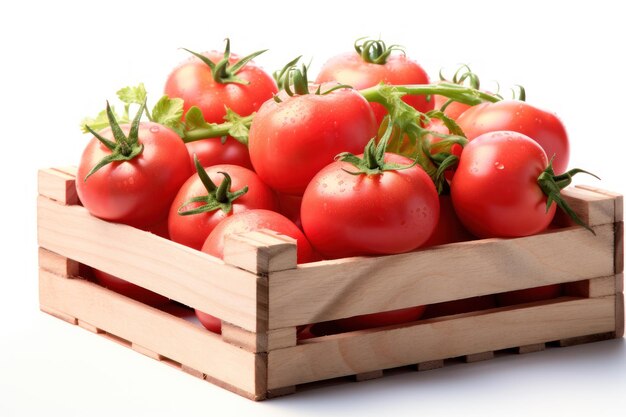 Fresh, pink and red tomatoes on white, different backgrounds and in a wooden crate. AI generated