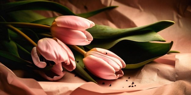 Fresh pink tulips on pink paper background