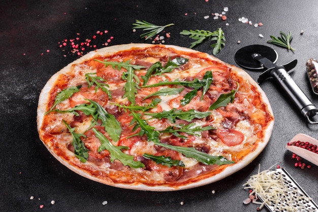 Fresh pizza baked in the oven with arugula