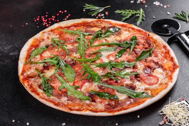 Fresh pizza baked in the oven with arugula