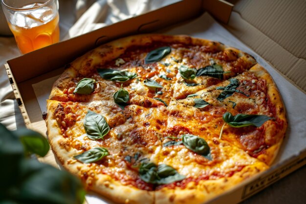 Fresh pizza with basil in a box on a sunny table with a drink in the background