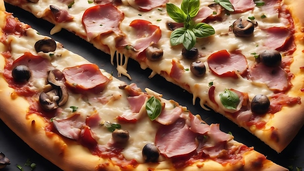 Fresh pizza with mushrooms ham cheese on white background copy space homemade with love