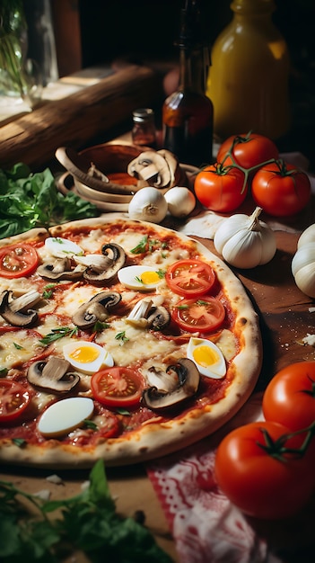 Свежая пицца с грибами, помидорами, яйцами, сыром и листом базилика на деревянном столе. Фотография