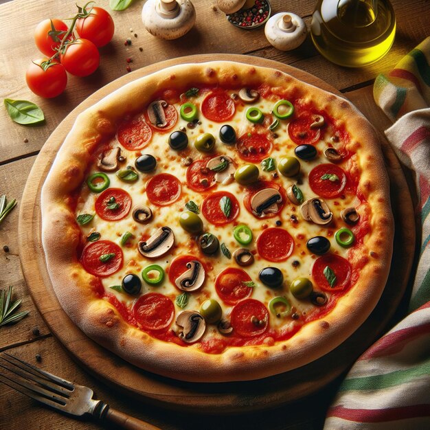 Fresh Pizza with Vegetables on Wooden Serving Board