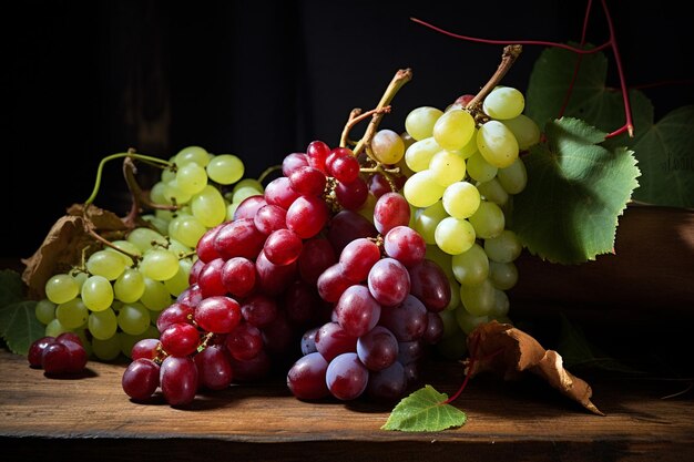 Fresh plums and a bunch of grapes on a tablecloth