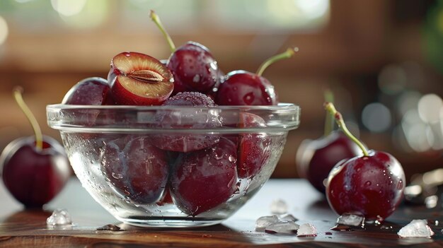 Fresh plums in glass bowl on marble countertop